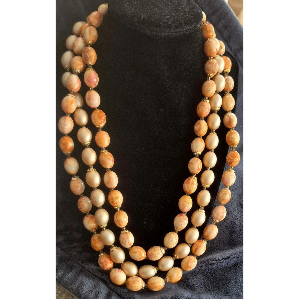 Vtg  60s Triple  Strand Beaded Necklace Peach Salmon 24" Hong Kong